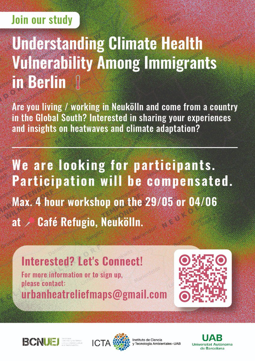 📢 We re organizing a participatory process of mapping emotional and heat dis/comfort in Berlin with migrant residents, collecting their wisdoms and working together towards urban climate justice. Spread the word! #urbanheat #climatejustice @bcnuej