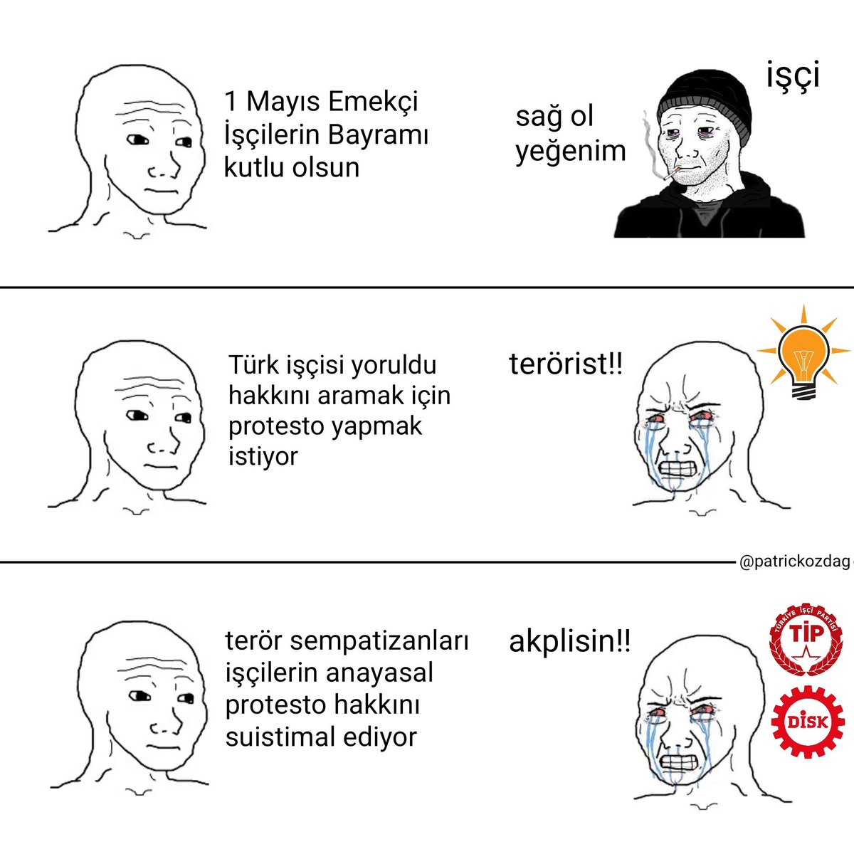 Bir tarafta protesto hakkı engellenen işçiler. Diğer tarafta işçilerin haklarını arama bahanesiyle terör sempatizanlığı yapan Tipler...