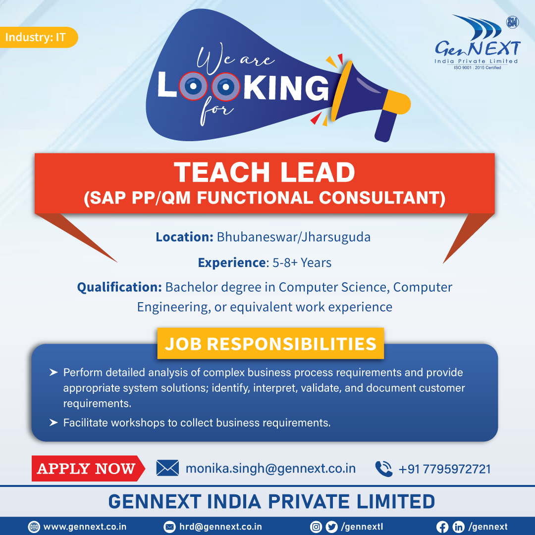 #UrgentHiring 💼📢🎯

Position: Teach Lead (SAP PP/QM Functional Consultant)
Location: Bhubaneswar/ Jharsuguda 

#TeachLead #ComputerScience #ComputerEngineering #Engineering #Graduate #hiringnow #jobsearching #jobsearch #gennextjob #gennexthiring #GenNext #hiring2024