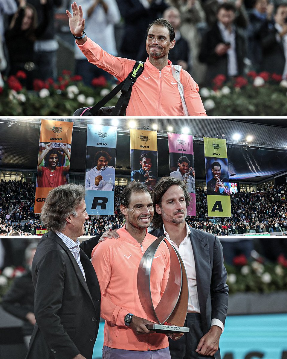Rafael Nadal, Madrid'deki son maçını oynadı ve turnuvadaki inanılmaz kariyerinin anısına bir ödül aldı 🏆❤️ Madrid'de kazandığı her yıl için de korta bir pankart asıldı 🥹 #MMOPEN