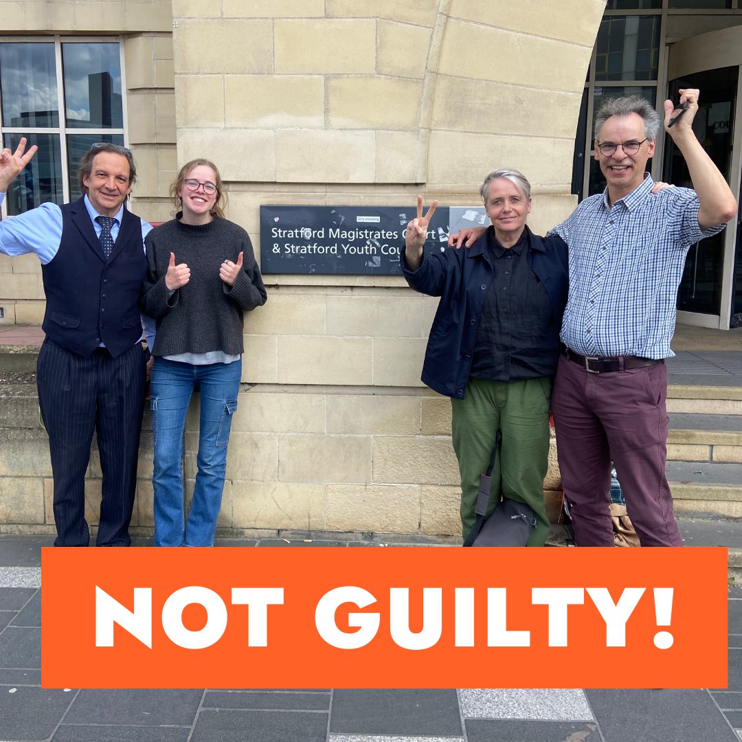 🚨 Just Stop Oil Supporters NOT GUILTY 🔥 Martin, Florrie, Belinda and Peter were found Not Guilty of Wilful Obstruction of the Highway in Stratford Magistrates Court yesterday, after they were arrested last year for slow marching. ⚖️ District Judge Balmain ruled they had a…