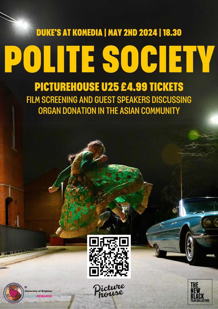 @TNBFC and @DonorsResearch are screening their #film 'Polite Society,' at @KomediaBrighton tomorrow (May 2nd) @ 7:00 PM! Get your tickets now! Proceeds directly support organ donation initiatives: bit.ly/3PI3lDM 🎬