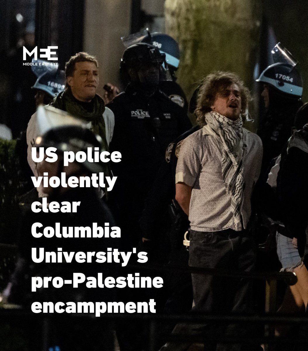 NYPD violently raided Columbia University late on Tuesday to arrest pro-Palestinian demonstrators.
NYPD  arrest dozens of pro-Palestinian demonstrators.
Because they were peacefully protesting to halt the genocide in Gaza.
#ColumbiaUniversity #StudentsForGaza 
#StudentProtests