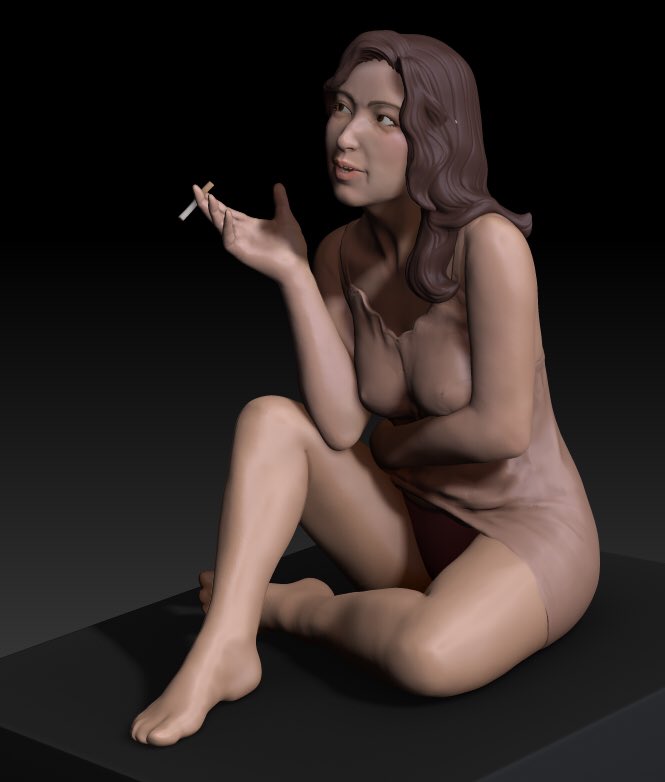 A mature woman wearing a chemise.
It will be completed soon.
Shall we have a smoke?

#zbrush
#3dprinting
#3dART
#digitalsculpting
