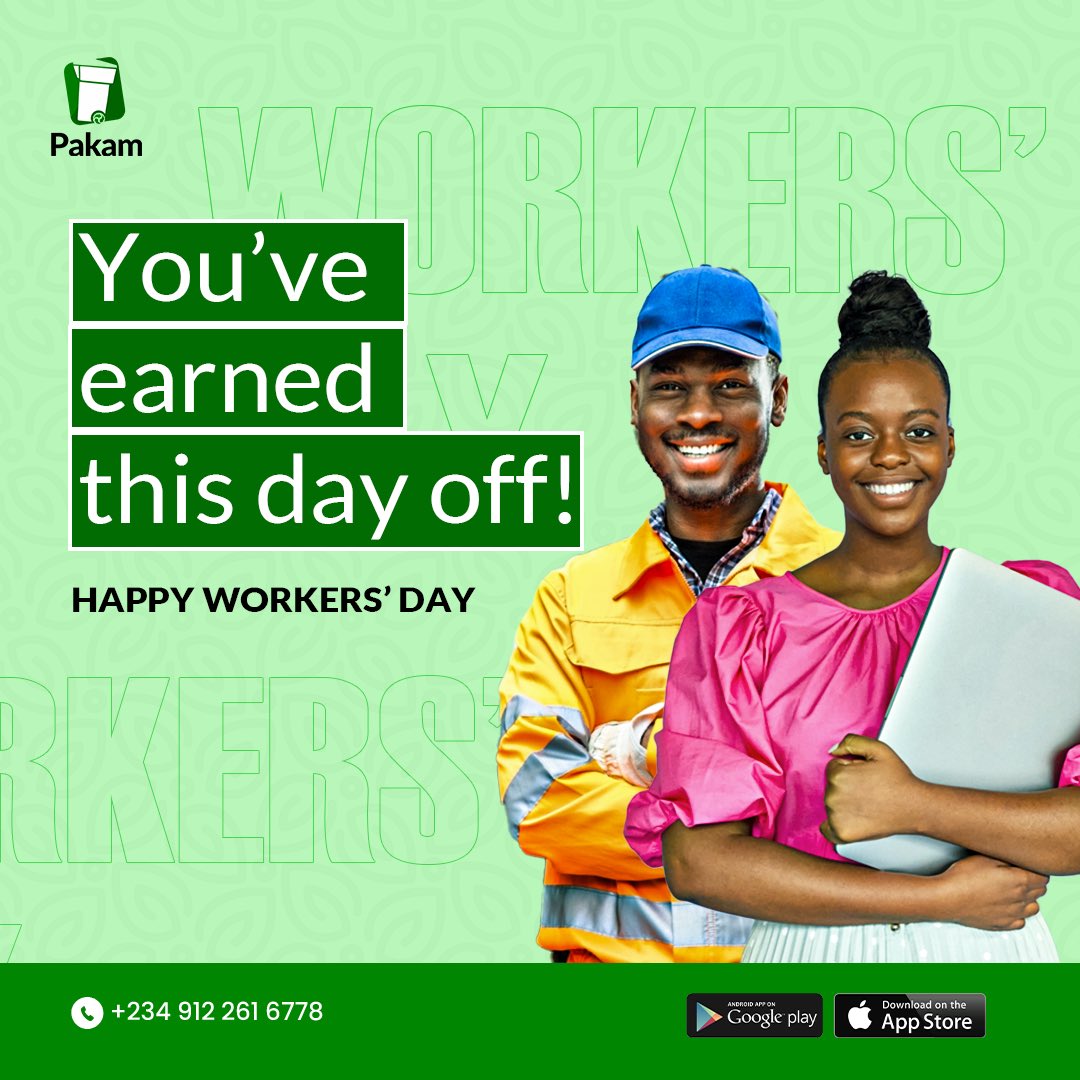 Take a break from the hustle today. You deserve a break too 💚

Happy Worker’s Day!

#pakamnigeria 
#workersday2024 
#wastetowealth