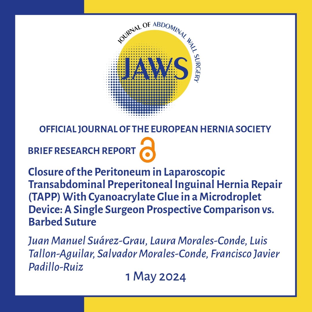 bit.ly/49VsHFr Closure of the Peritoneum in #TAPP With Cyanoacrylate Glue in a Microdroplet Device: A Single Surgeon Prospective Comparison vs. Barbed Suture. #HerniaSurgery #InguinalHernia #JoAWS #OpenAccess