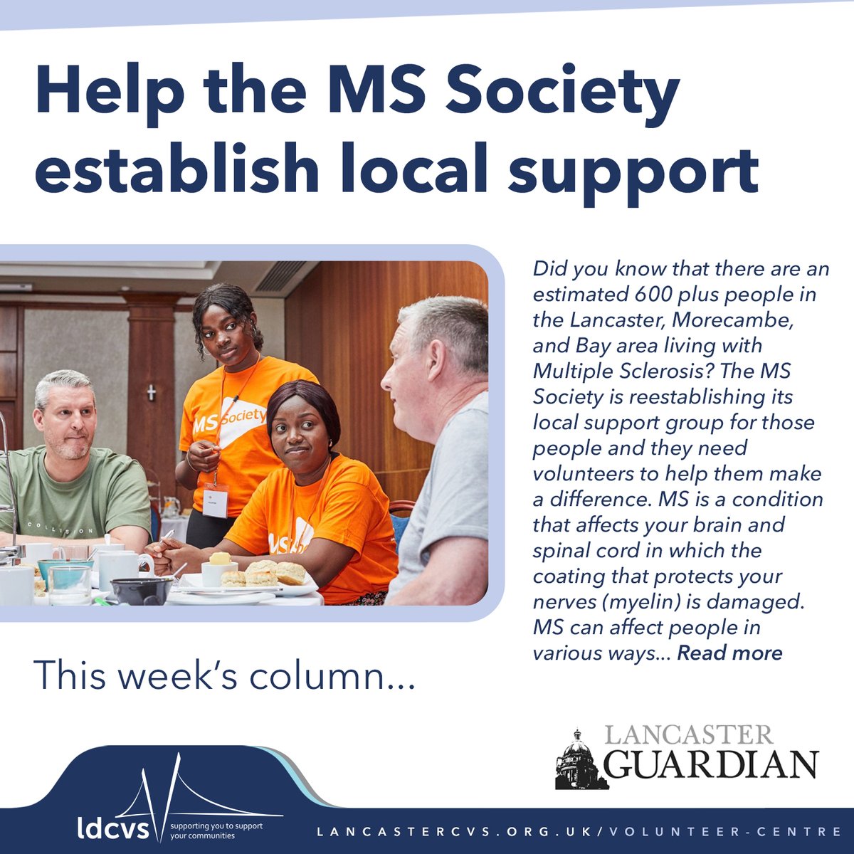 Around 600 people in Lancaster District live with #MultipleSclerosis, and the @mssocietyuk is reestablishing a local support group in the Bay area. #Volunteers are crucial for providing support. Learn more in this week’s @GuardianDigital column tinyurl.com/yrzkpz79 #MSSupport