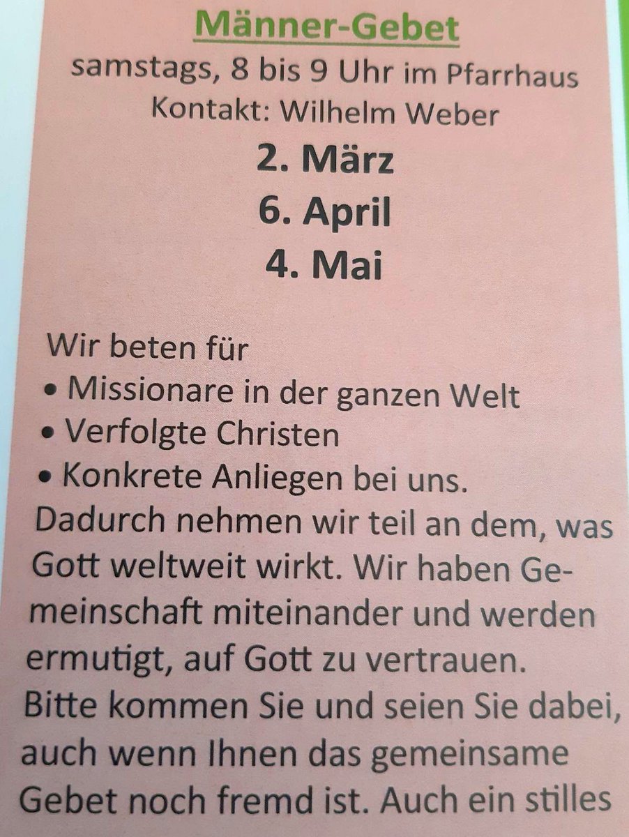 Herzliche Einladung zum Männergebetskreis am Samstag, den 04.05.2024, um 8.00 Uhr im Pfarrhaus in Lübtheen.