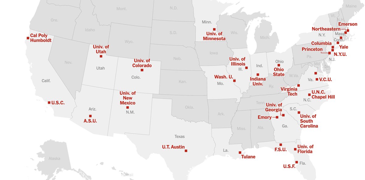 US campuses where students were arrested for doing their duty at a time of a genocide aided&abetted by US monies&bombs. The question should be: Who will arrest Biden, Trump & the rest of the US political personnel (not to mention their EU patsies) for complicity in genocide?