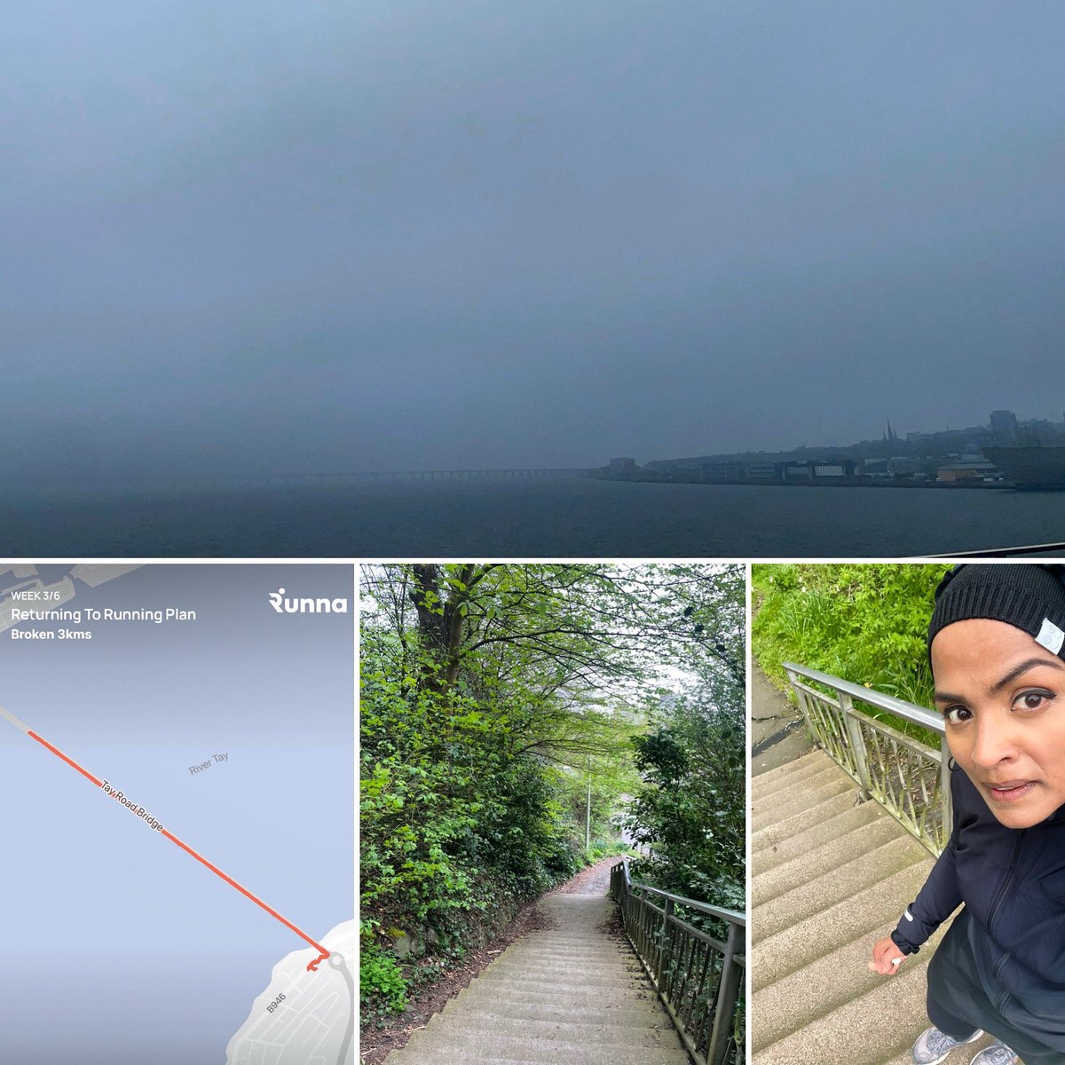 Posting for accountability. 1st #run Week 3 in my return to #running plan #runnacoach The dreich weather did not help with motivation at all 🌧️ ( the #tayrailbridge vanished) but it was ☑️ Trying to create habits that stick. I definitely cannot rely on my motivation! 🏃🏾‍♀️#rivertay