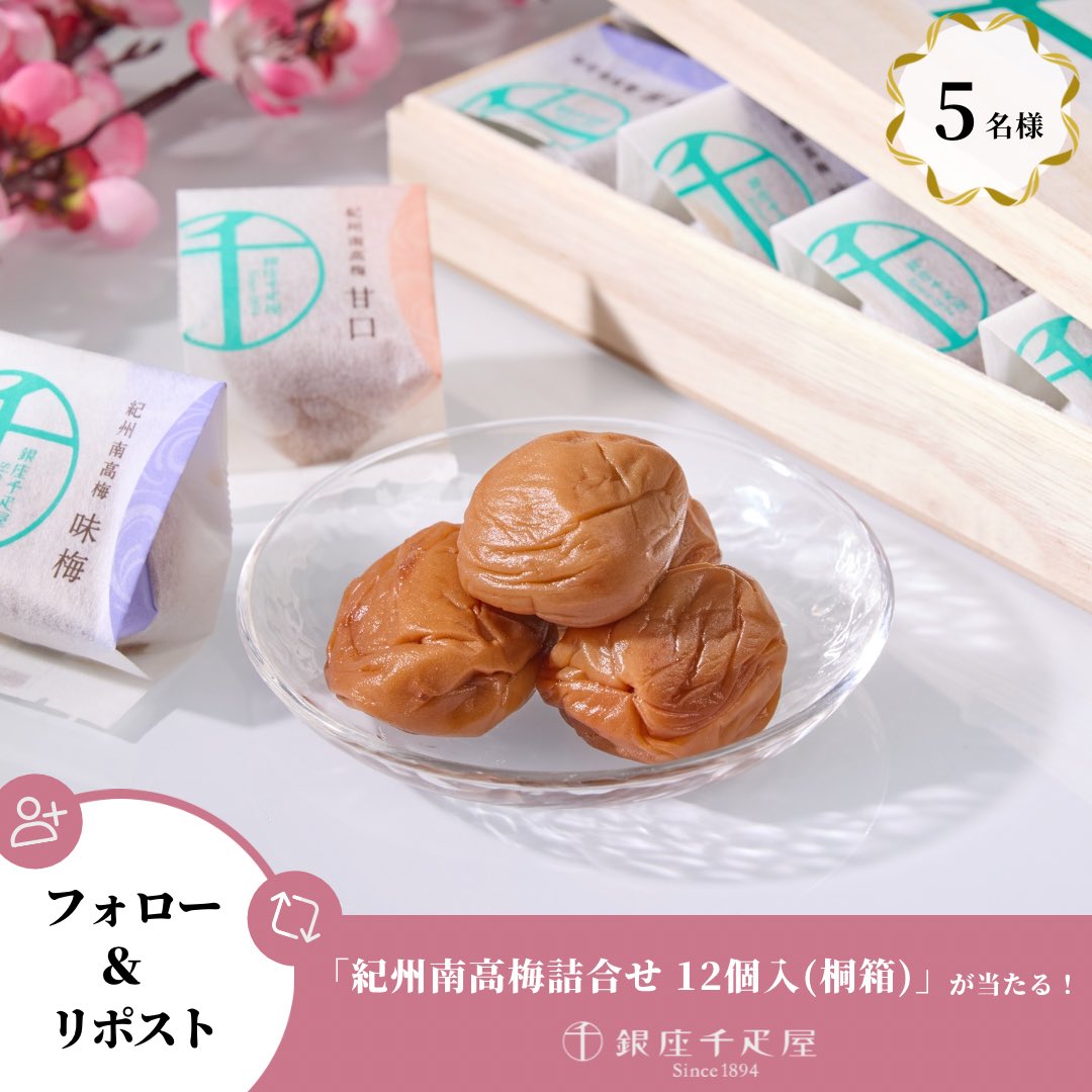 ／
フォロー＆リポストで当たる！
#プレゼントキャンペーン 🎁✨
＼

「紀州南高梅詰合せ 12個入(桐箱)」を【5名様】にプレゼント！

*─────────────*⁠⁠⁠⁠⁠
✅応募方法 
①<a href="/ginzasembikiya/">【公式】銀座千疋屋</a>をフォロー 
②この投稿をリポスト
リプライ・ #銀座千疋屋130周年