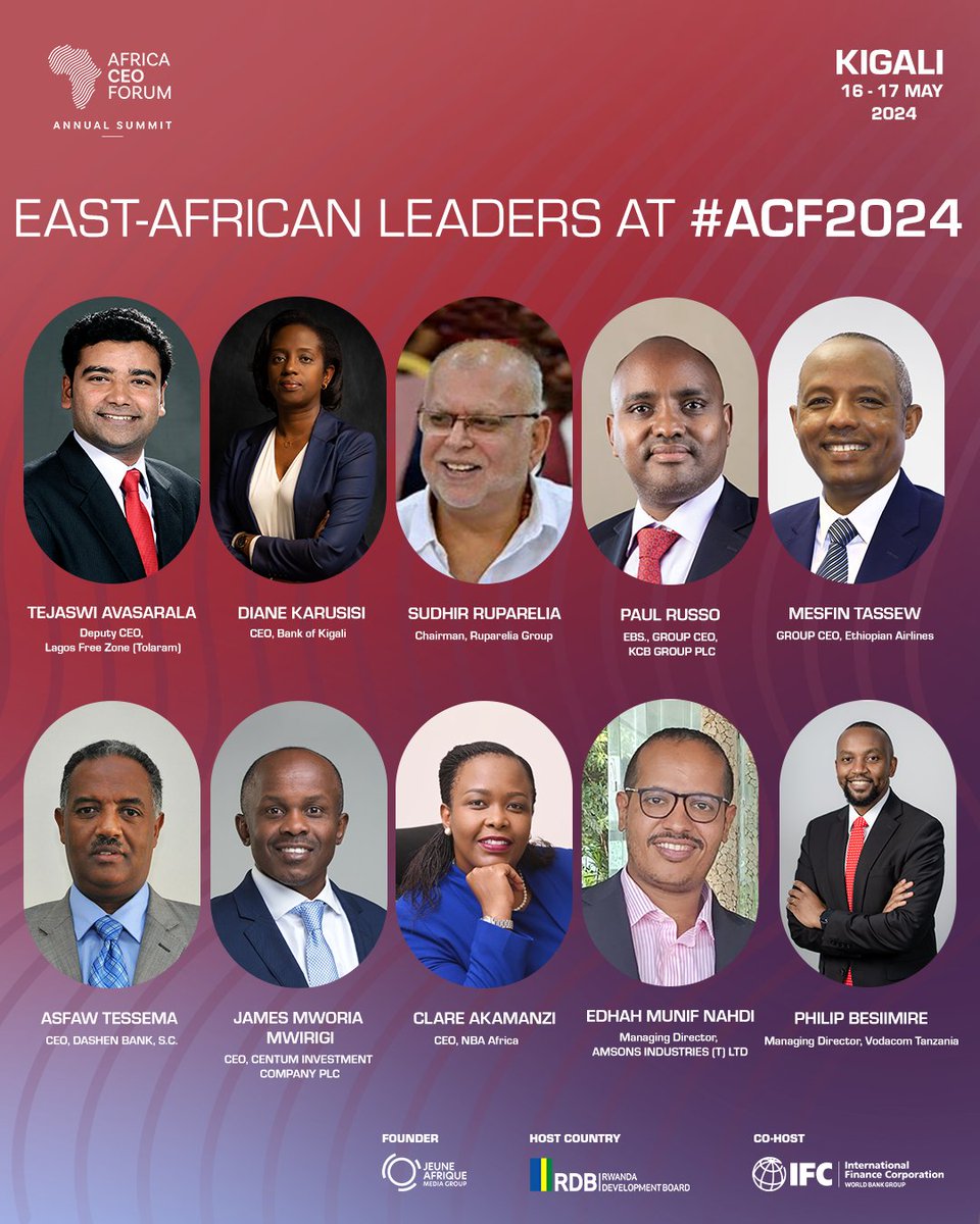 @Ecobank We are delighted to share our list of the East African Leaders joining us for the Annual Summit of Africa CEO Forum.🚀 👉 Book your spot now for ACF2024 and join the conversation in Kigali on 16 and 17 May: lnkd.in/e4nS-xeg
