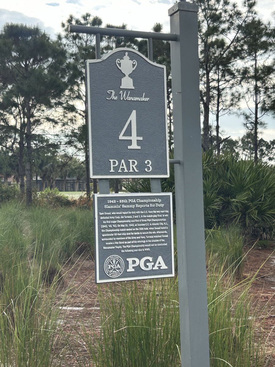 Countdown to the PGA Championship. Hole 4 on The Wanamaker Course @PGAVillage tells the story of how Sam Snead won his first major the day before reporting for duty in the Navy and WWII. The ‘Greatest Generation’ included some great champions as well.