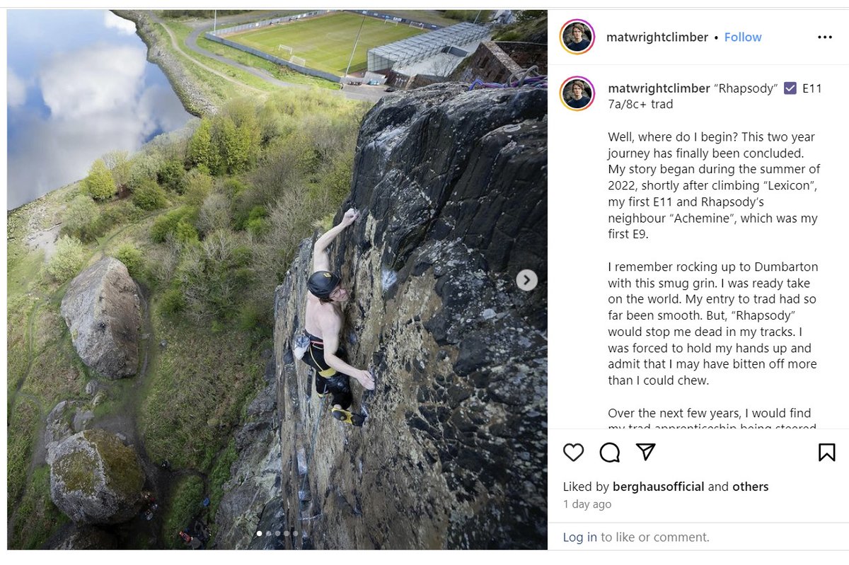 Mat Wright repeats Rhapsody (E11 7a)

After a lengthy battle, Mat Wright has succeeded in repeating the hard test piece Rhapsody (E11 7a) at Dumbarton in Scotland. climber.co.uk/news/mat-wrigh…