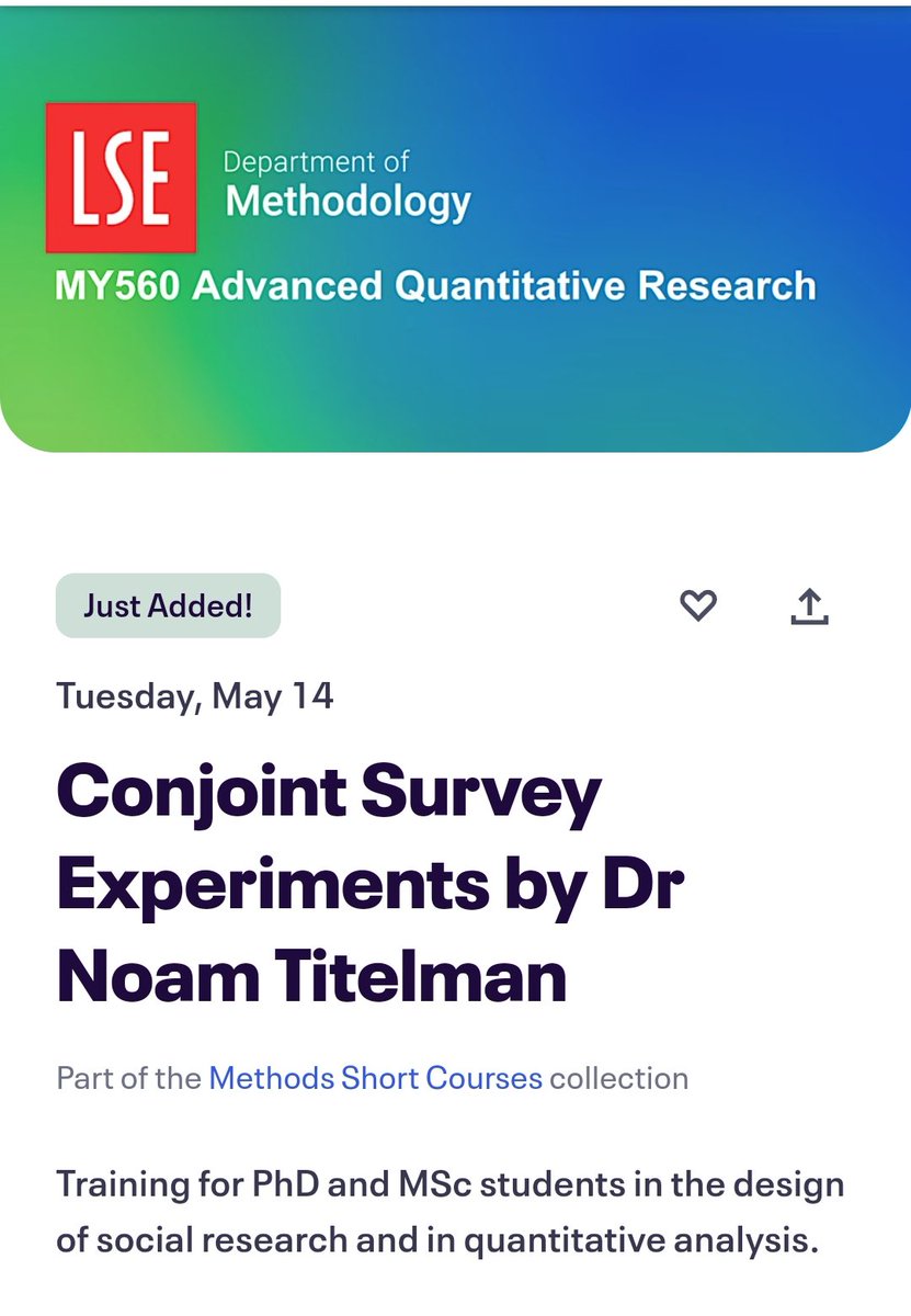 Are you thinking of using conjoint survey experiments? Come join us! eventbrite.co.uk/e/conjoint-sur…