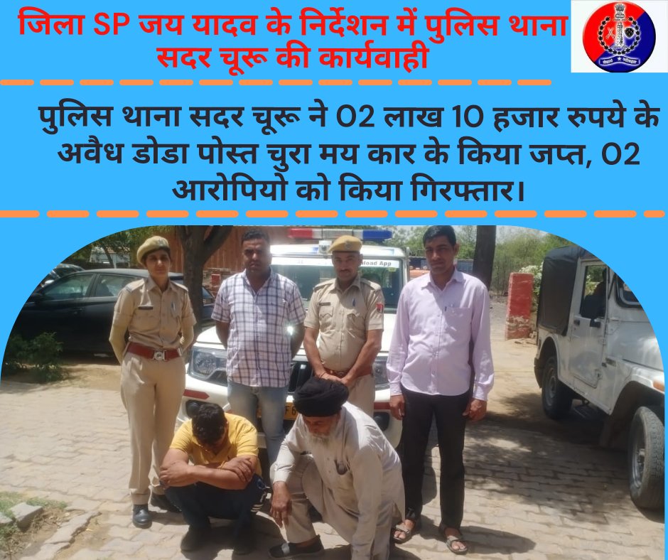 #churupolice जिला SP जय यादव के निर्देशन में पुलिस थाना सदर चूरू ने 02लाख 10हजार रुपए के अवैध डोडा पोस्त मय कार किये जप्त, 02 आरोपियों को किया गिरफ्तार। @IgpSikar @PoliceRajasthan @SikarPolice @JhunjhunuPolice