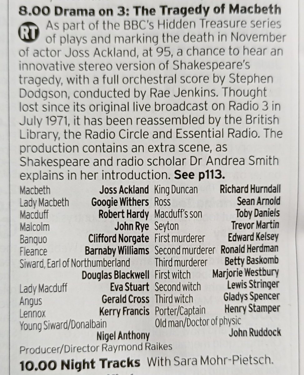 Delighted to see the 'lost' (now found) production of #Macbeth🗡️ being broadcast on @BBCRadio3 this coming weekend gets three mentions in the @RadioTimes You can hear it live on Sunday or after that on @BBCSounds bbc.co.uk/programmes/m00… #Shakespeare #RadioDrama @BBCRadioDrama
