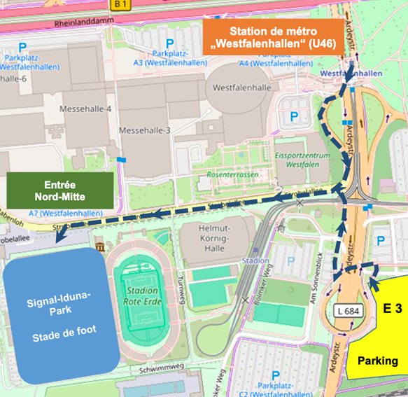 🏟️ | #BVBPSG 🚇 Pour vous rendre au Signal Iduna Park ce soir, prenez la ligne U45/U46 depuis la gare centrale (station « Dortmund Hbf »), accolée à notre point de retrait, et descendez à la station Westfalenhallen U. Votre billet de match fait aussi office de ticket de métro.