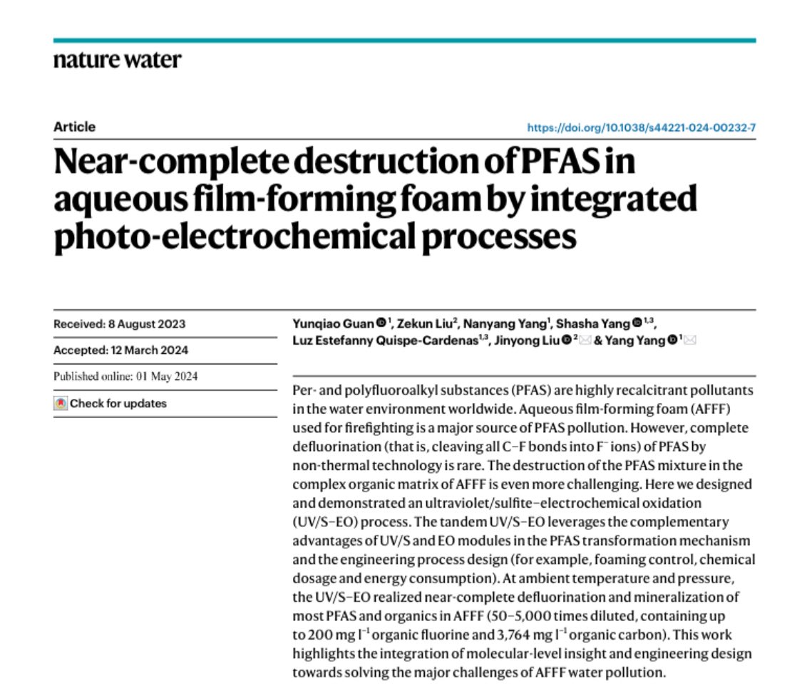PFAS are not forever. We are proud to present a new treatment process that can break all C-F bonds of PFAS with various structures in a highly complicated AFFF matrix at room temperature and under atmospheric pressure! Free view-only link is here: rdcu.be/dGnDE