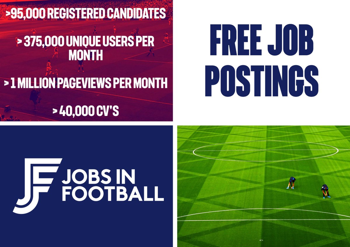 Why advertise with Jobs In Football? 🚨 > The largest football dedicated candidate database anywhere (>95,000 registered users) 🚨 > 375,000 unique users monthly 🚨 > 1,000,000 pageviews monthly 🚨 > Free job postings 🚨 > Premium advertising options jobsinfootball.com/employer-produ…