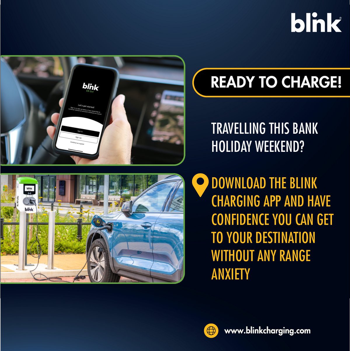 Travelling this Bank Holiday Weekend, get rid of the range anxiety and become range confident download the Blink Charging app today. #ChargeontheGo #Blink #Bankholiday #EVRangeConfidence ow.ly/AY4a50RoWqi