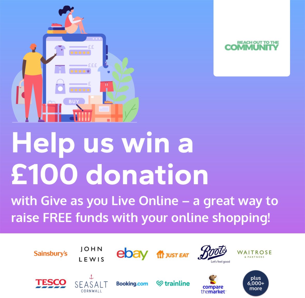 Help us win a £100 donation with @GiveasyouLive - just by doing your everyday online shopping! It only takes 2 minutes to join, so start raising FREE donations today! > giveasyoulive.com/join/reach-out…