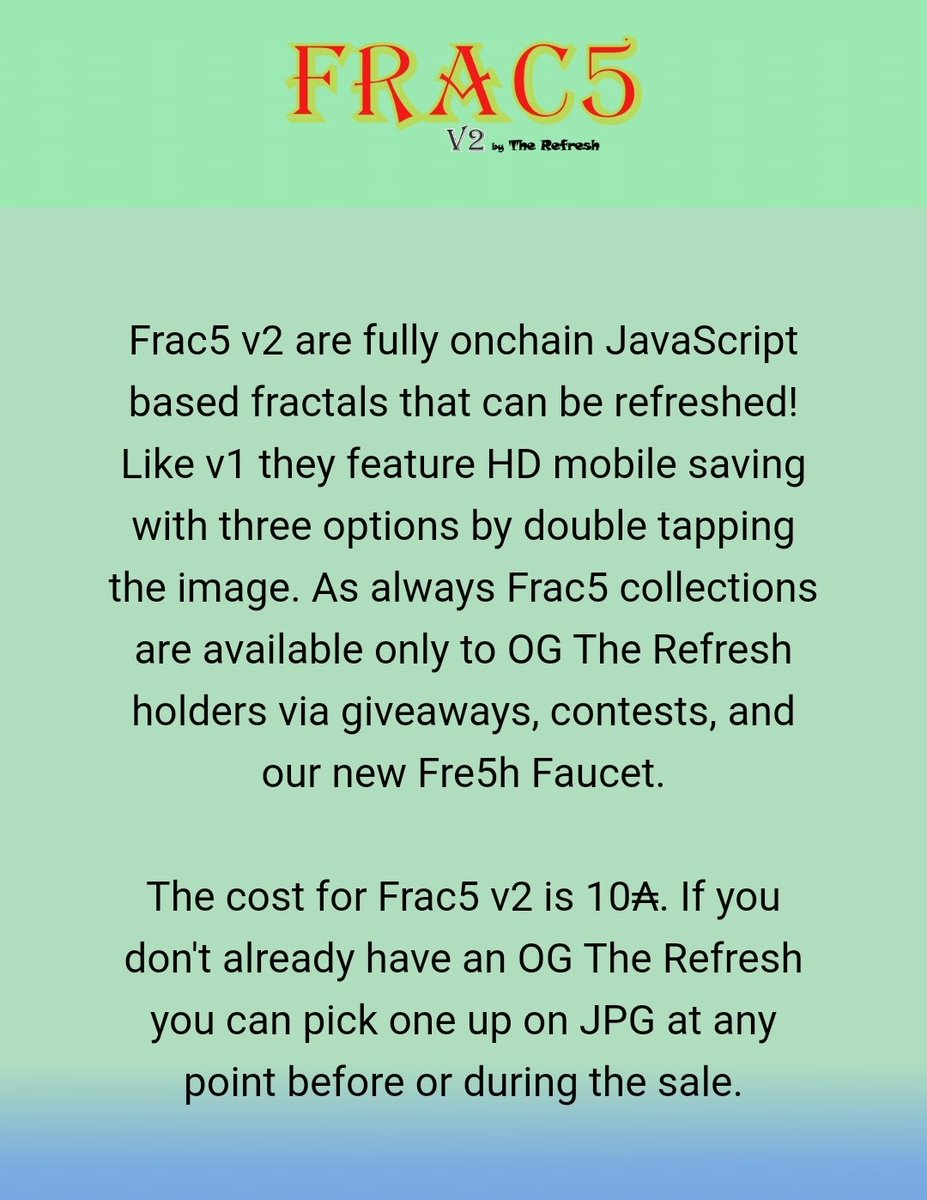 TheRefreshCNFT's tweet photo. Are you a holder of The Refresh but don't have a Frac5 yet? ๐ค
Now you can buy the v2 for only 10ADA using our @Fre5hMint platform!
Of course they're onchain, refreshable, and interactive too ๐ฅณ #LF5G ๐
https://t.co/IqYZQU8iin https://t.co/Mk47tfansV