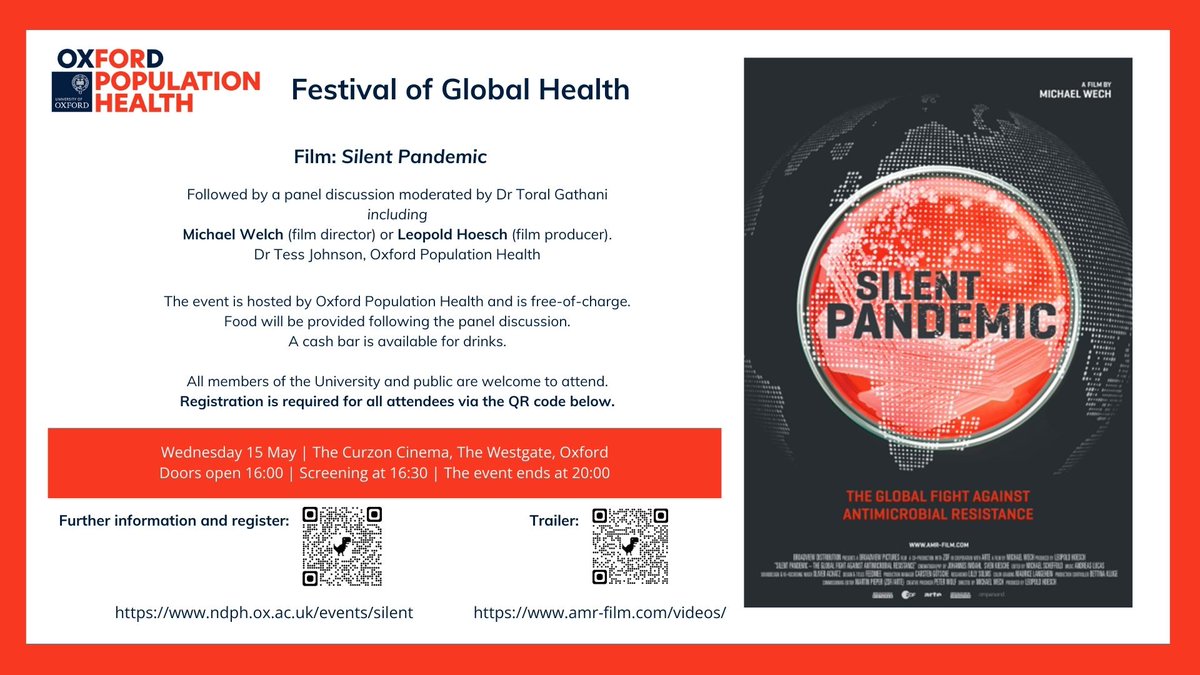 🎥 The next event in our Festival of Global Health film series is Silent Pandemic – a documentary highlighting the threat of #antibioticresistance.💊🦠 The film will be followed by a panel discussion of experts, and social event with food provided.🍕 This event is free and open…