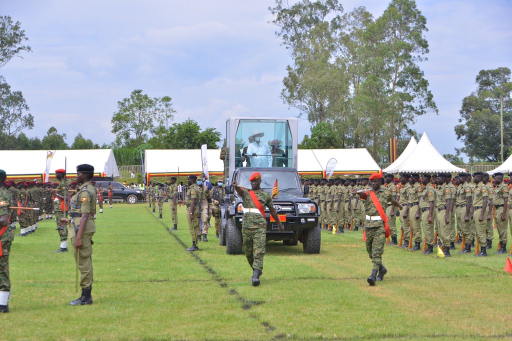 H.E. President Museveni inspecting the Guard of Honor at St. Leo's College Kyegobe playground where he is presiding over the International Labour Day Celebration. #Radio4UG