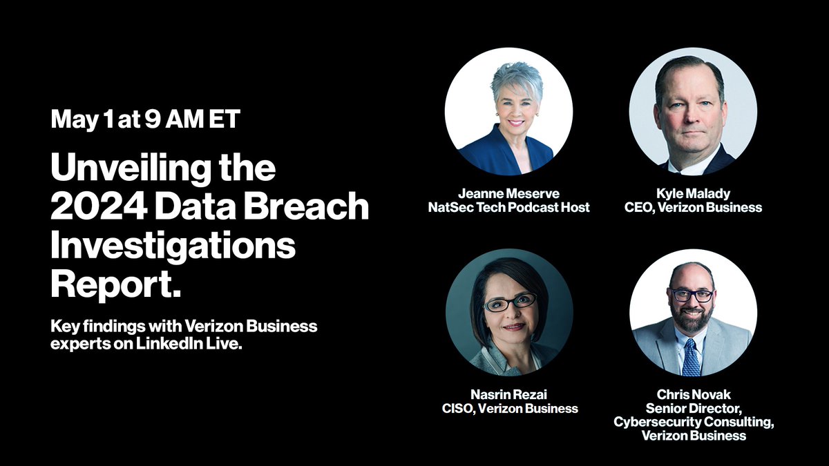 The 2024 @Verizon #DBIR is here! Nasrin Rezai and I will be breaking down some of the key insights from this year’s report with special guest Kyle Malady and moderator, Jeanne Meserve. Tune in to the @VerizonBusiness LinkedIn page at 9 am ET today!

#cybersecurity #dataprivacy