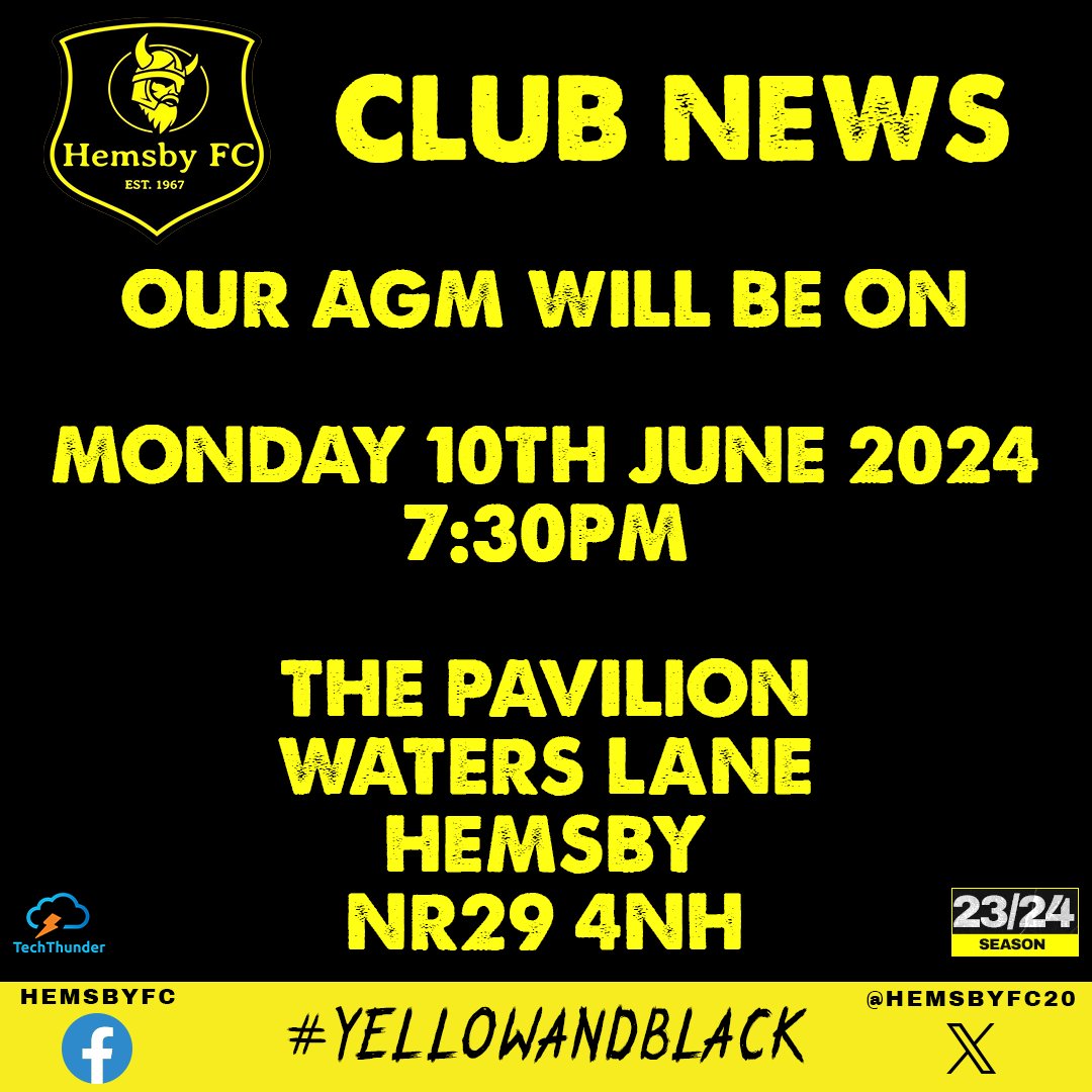💛🖤CLUB NEWS🖤💛
Our AGM will take place on;
📆 Mon 10th June 2024
⏲️ 7:30pm
📍 The Pavilion, Waters Lane, Hemsby, NR29 4NH