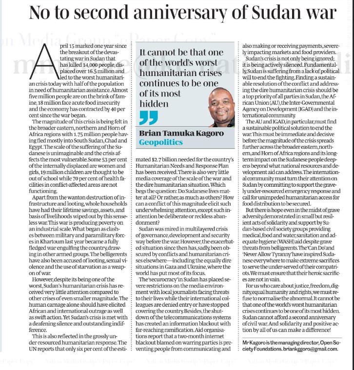 No to second anniversary of #Sudan war. “It cannot be that one of the world’s worst humanitarian crises continues to be one of its most hidden,”@TamukaKagoro77