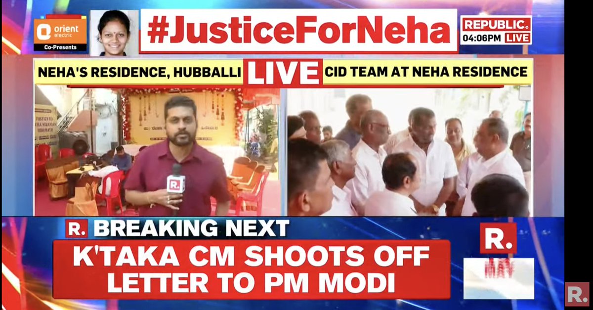 republic's tweet image. #JusticeForNeha | Union Home Minister Amit Shah to visit Neha Hiremath's family today

Tune in here to watch - youtube.com/watch?v=v2uhs8… #NehaHiremath #Congress #Karnataka