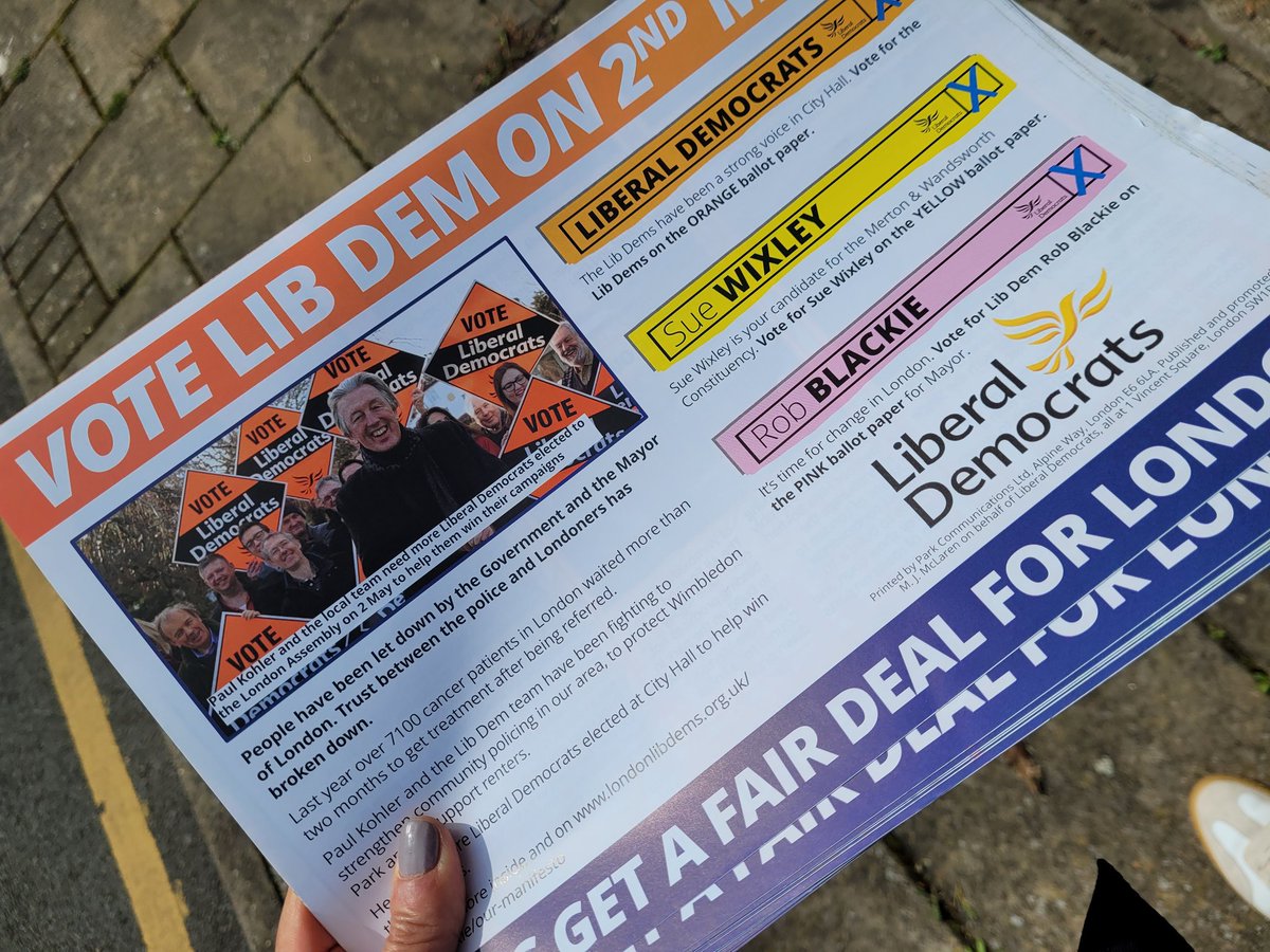 SueWixLD's tweet photo. Sun's out! Getting the vote out for @robblackie @HinaBokhariLD @IrinavonWiese @LibDems and me!  
Tomorrow, #VoteLibDems on all 3️⃣ ballots for a #FairDeal for London and to #FixTheMet https://t.co/HA1VwNJTlB