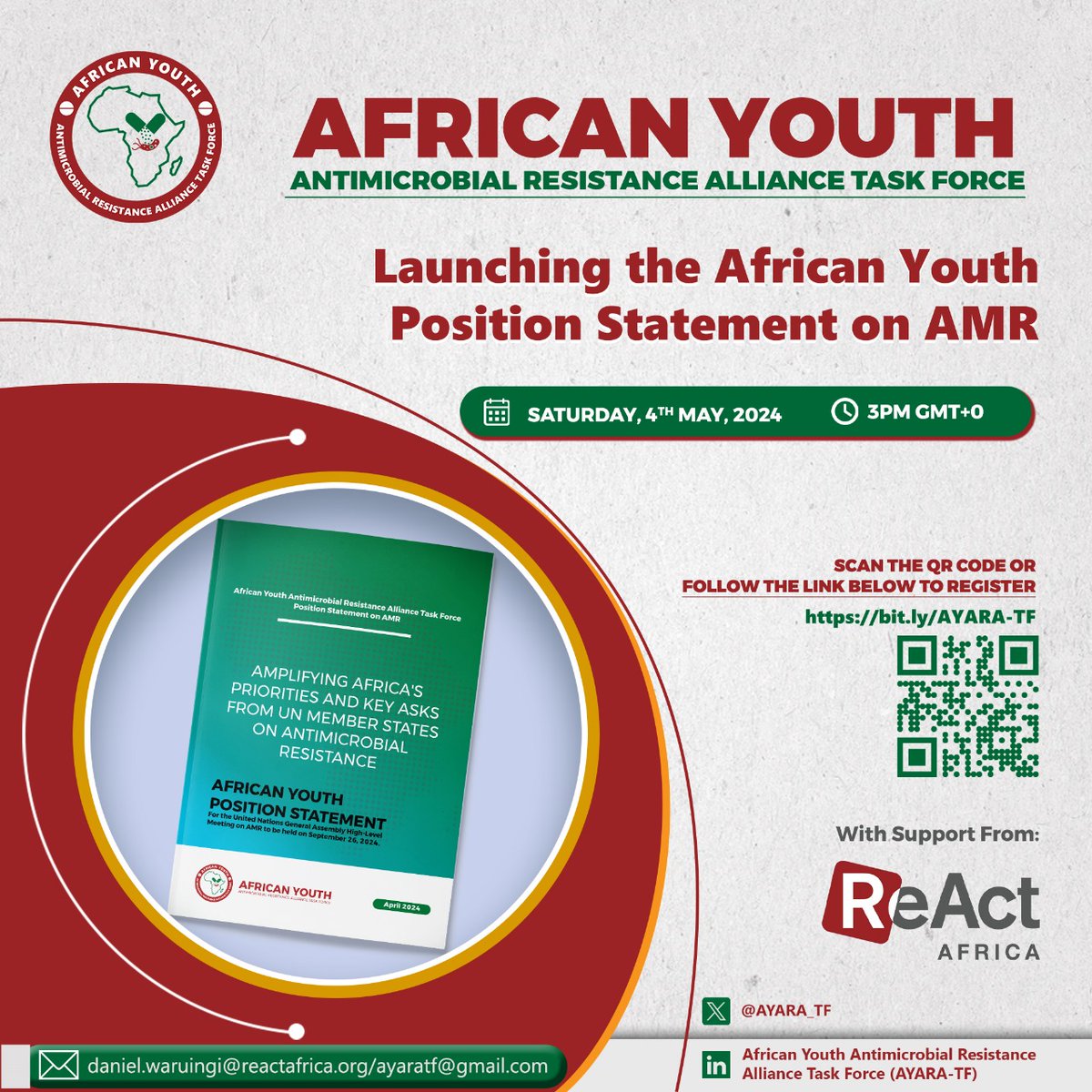 📢Join us this Saturday as we launch the African Youth position statement on #AMR. It will be an opportunity to learn about the meeting, and have your voice represented at UNGA HLM on AMR. Register : 👇🏽 lnkd.in/dkGU2afT 🗓️ May 4 🕓 1500-1630 GMT #YouthAgainstAMR