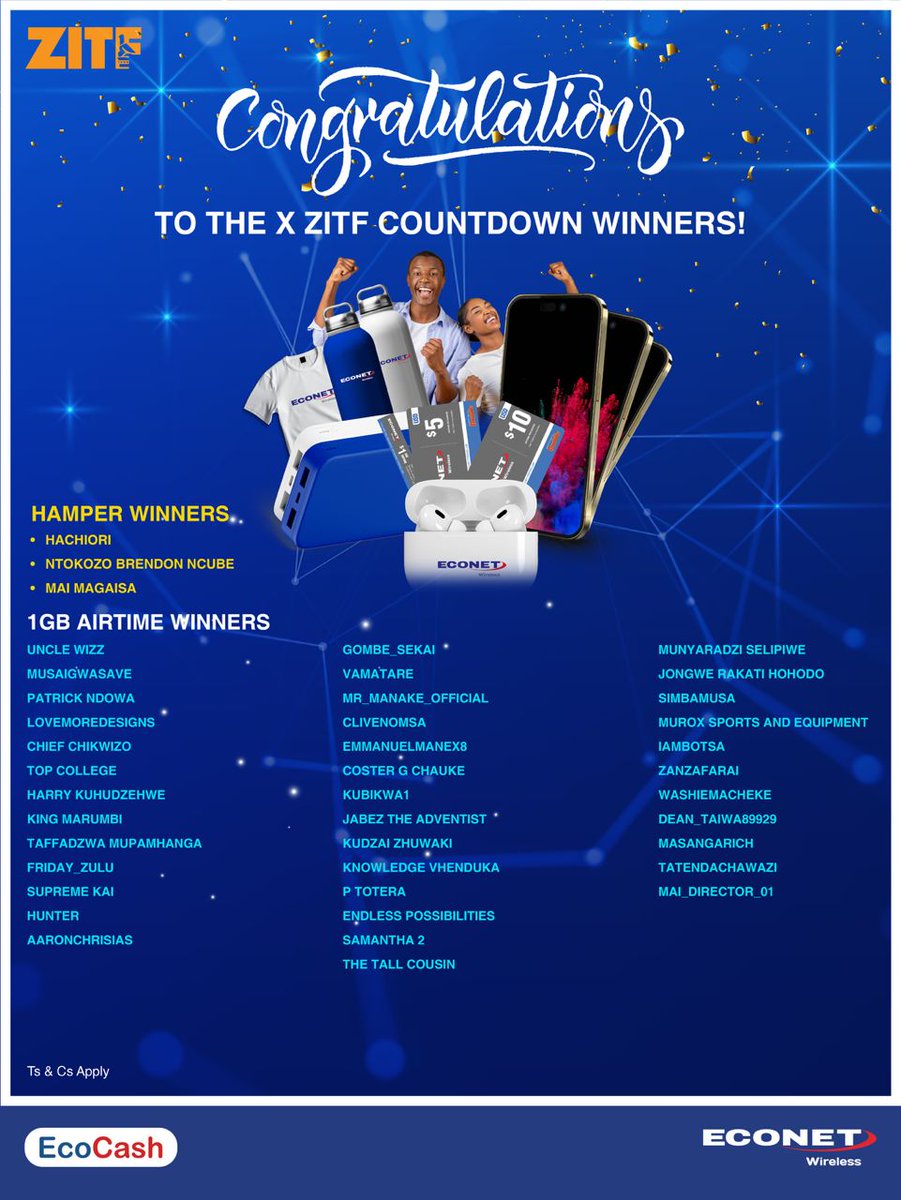 Congratulations to our X ZITF Countdown Winners.🥳 Please inbox your contact details for data credits and Econet Hamper collection arrangements. Thank you for participating.👏