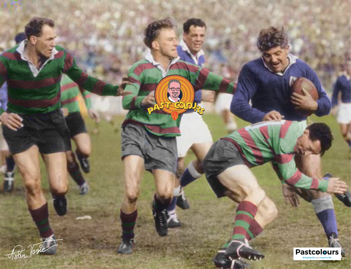 1954 NSWRL Grand Final Action shot: South Sydney Rabbits (Rabbitohs) v Newtown Bluebags (Jets).

Colourised by yours truly

#NewtownJets #Bluebags #southSydney #Rabbitohs #gorabbitohs #NRL #NSWRL #RugbyLeague #PastColours