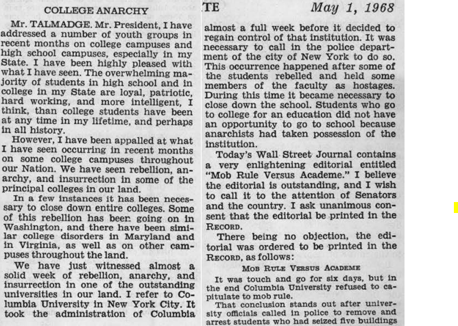 Yes, history does repeat itself. This was from the Senate floor 56 years ago today - about unrest at Columbia University and other schools. That's part of the Muse of History in my Capitol Hill newsletter jamiedupree.substack.com/p/greene-rages…