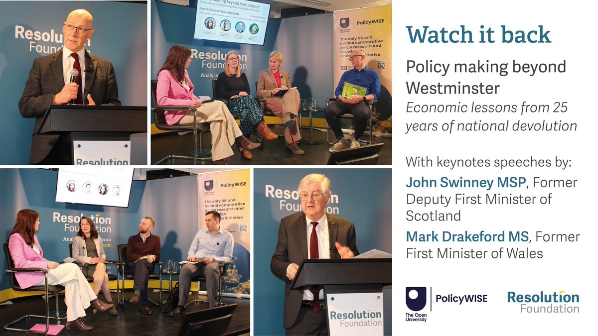 This week we celebrated the 25th anniversary of devolution to Scotland, Wales and Northern Ireland. Featuring fantastic speakers inc @JohnSwinney, @MarkDrakeford, @ClodaghLRice, @emma_nomics, @hayward_katy, @fiscalphillips & @jonnytench. Watch it back ⤵️ resolutionfoundation.org/events/policy-…