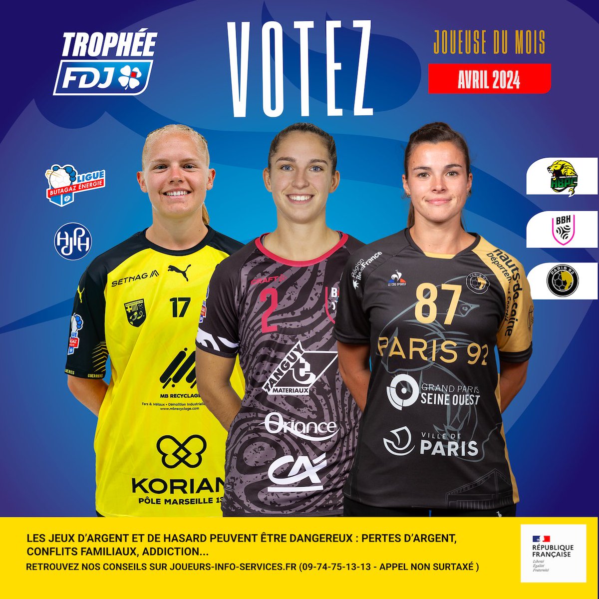 Qui mérite le titre de 𝙟𝙤𝙪𝙚𝙪𝙨𝙚 𝙙𝙪 𝙢𝙤𝙞𝙨 d’avril en #LigueButagazÉnergie ? 1️⃣ Romane Kromoska 2️⃣ Constance Mauny 3️⃣ Marie Prouvensier 📲 À vous de voter sur ligue-feminine-handball.fr/a-vos-votes/ #Inspirante