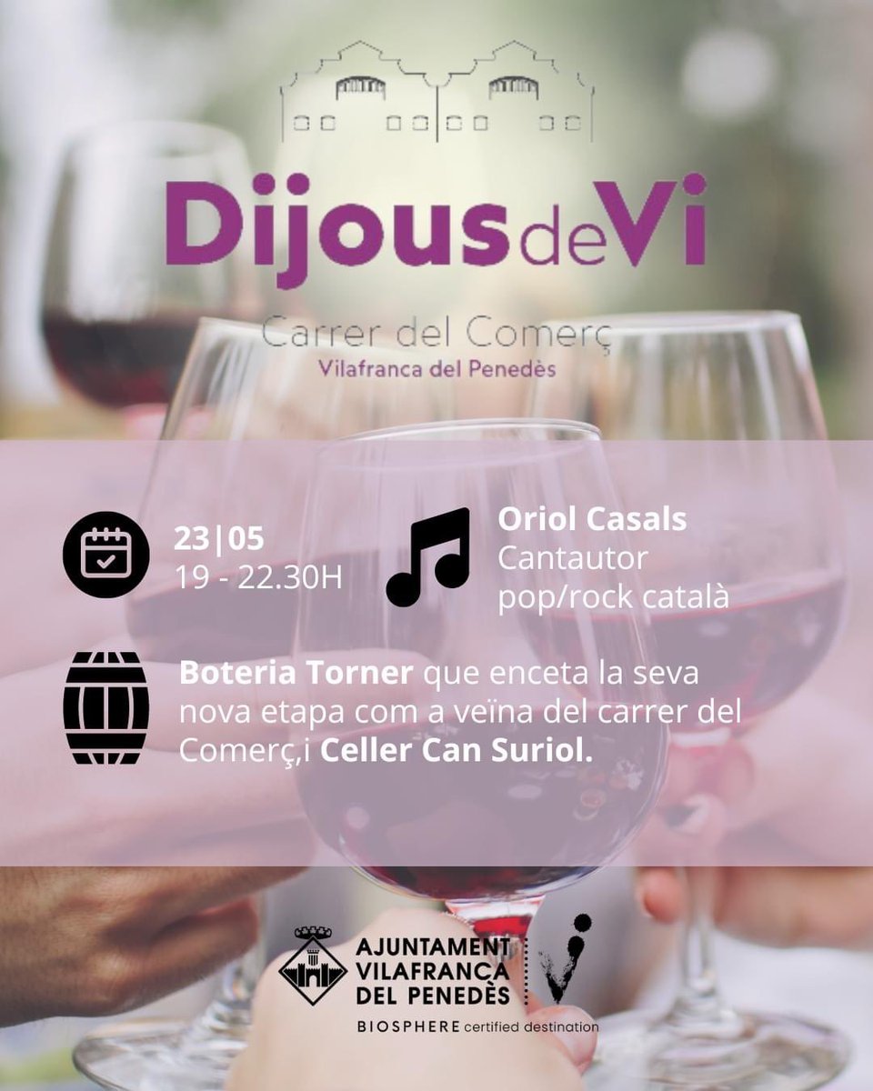 🍷🎵Demà comencen els #DijousdeVi al carrer del Comerç! 🎉Tots els dijous del mes de maig, de 19 a 22.30h, el carrer del Comerç es transformarà en un bar de vins efímer. ➕info: turismevilafranca.com/dijous-de-vi #vilafrancadelpenedès #capitaldelvi