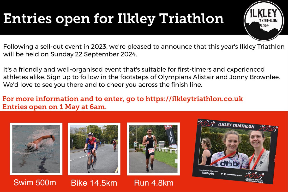 This year's Ilkley Triathlon will take place on Sunday 22 September at Ilkley Pool and Lido. Entries are now open for individuals or teams. You can sign up at ilkleytriathlon.co.uk