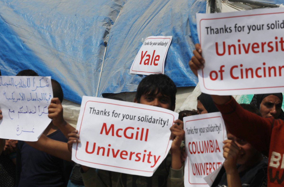 RamAbdu's tweet photo. Breaking: Children from displacement camps in Gaza are raising the names of American universities whose students have protested against the Israeli genocide in Gaza. https://t.co/KEcZfsqMwu