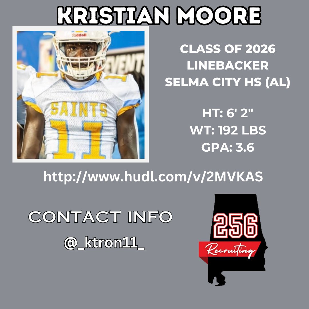 Take a look at Class of 2026 Linebacker Kristian Moore of Selma HS (AL) hudl.com/v/2MVKAS @_ktron11_ @Selma_Football @DexPreps @RecruitsAlabama @AL_Recruiting @BigFaceSportss @hs_footballguru @UnLockYourGame @Gs_Sports_Talk