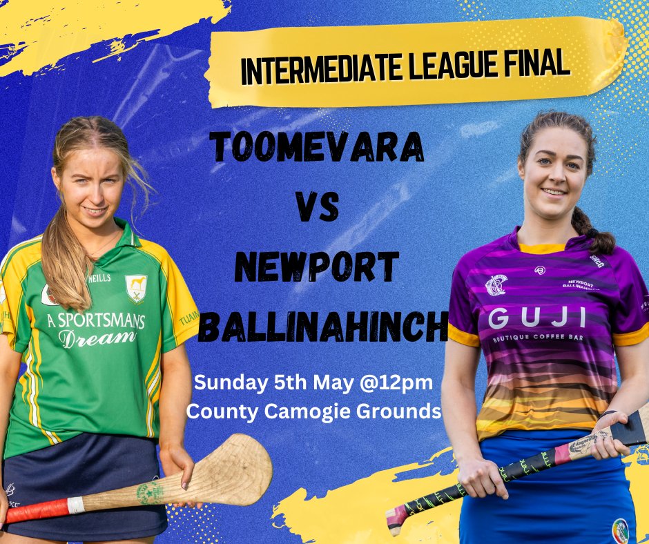 Will @Toomecamogie make it back to back intermediate league titles or will it be Newport Ballinahinch taking home the trophy 🏆 🗓️ Sunday ⏰ 12 Noon 📍 County Camogie Grounds, The Ragg