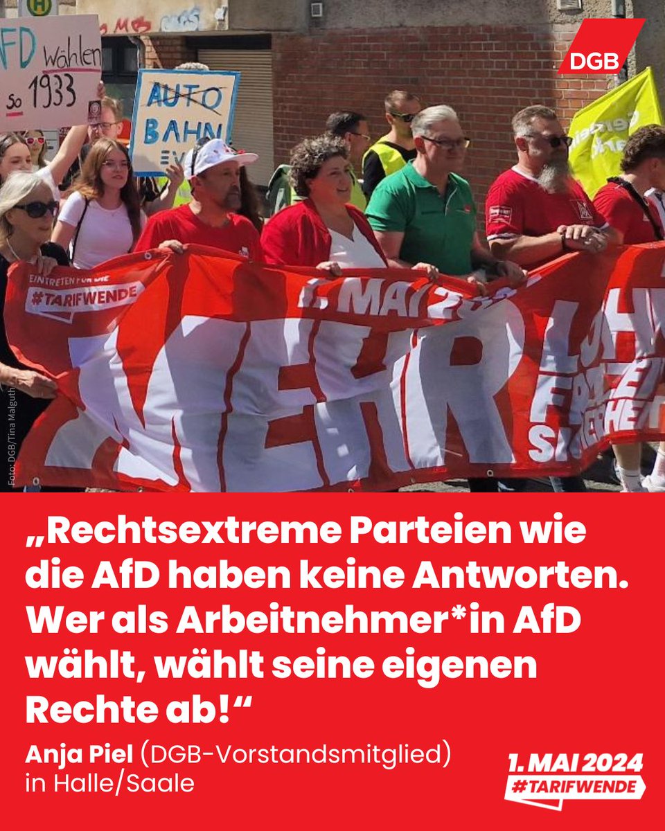 Unsere Vorständin @Anja_Piel ruft auf, bei der Europawahl, demokratische Parteien zu wählen. Wir setzen heute ein starkes Zeichen für mehr Demokratie, eine gerechte und friedliche Zukunft – und für einen starken Sozialstaat! dgb.de/-/8Or #BesserMitEuropa #1MaiFuerMehr