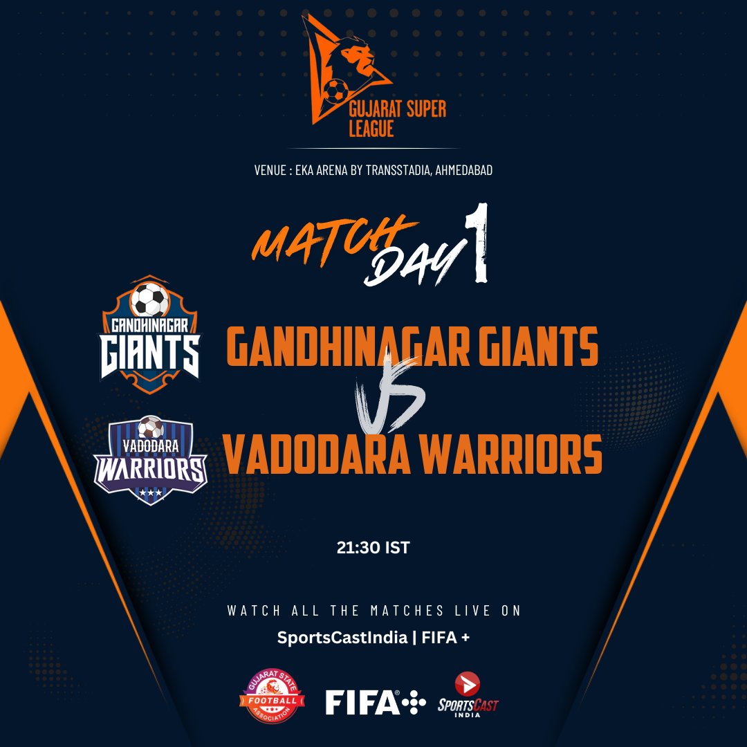 IT'S SHOWTIME! 🚨🔥 Gujarat Super League begins today with Ahmedabad Avengers taking on Surat Strikers in the first game at 19:00 IST! ⚽ Gandhinagar Giants face Vadodara Warriors in the 21:30 kick off! ⚔️ LIVE on Sportscast India's Youtube Channel & FIFA+ 📺 #IndianFootball