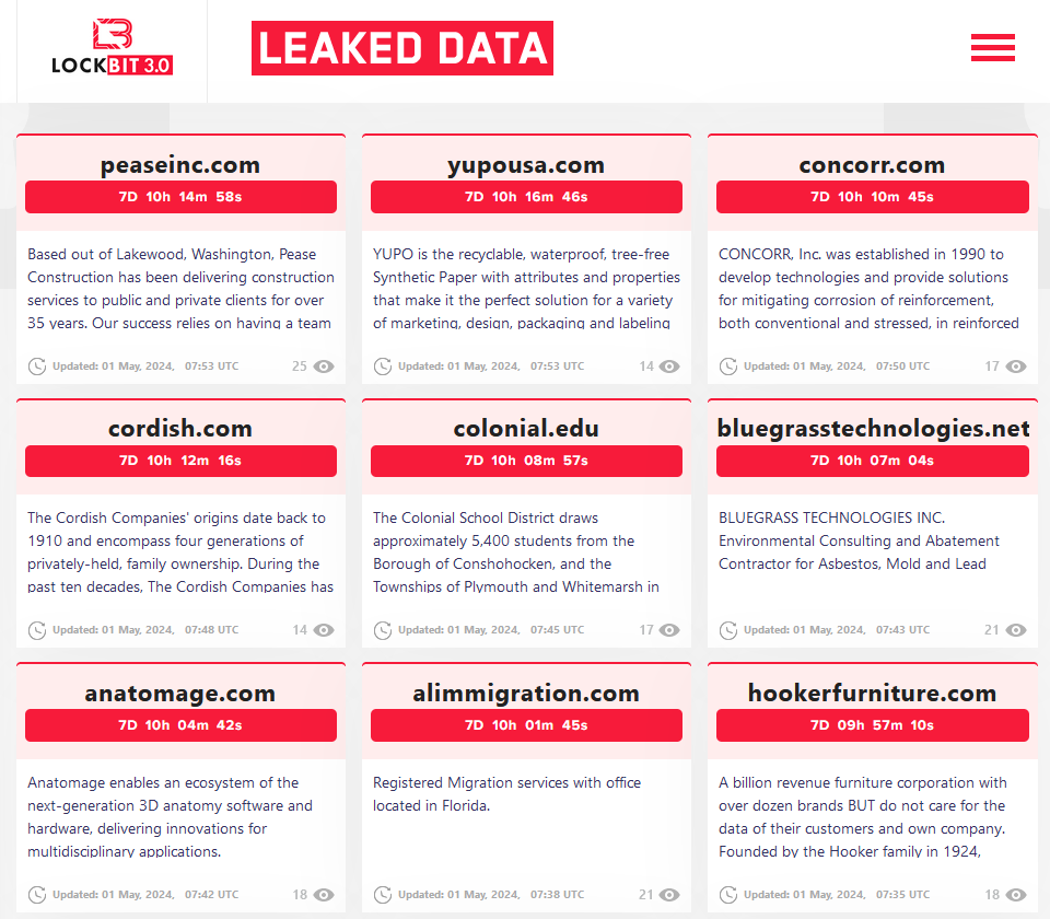 🚨 #CyberAttack(s) Alert 🚨 🇺🇸#USA: LockBit ransomware group publishes 9 new victims in the USA on its data leak site: - Anatomage - A&L Immigration - Colonial School District - Concorr - Pease Construction - Yupo - Bluegrass Technologies - The Cordish Companies - Hooker