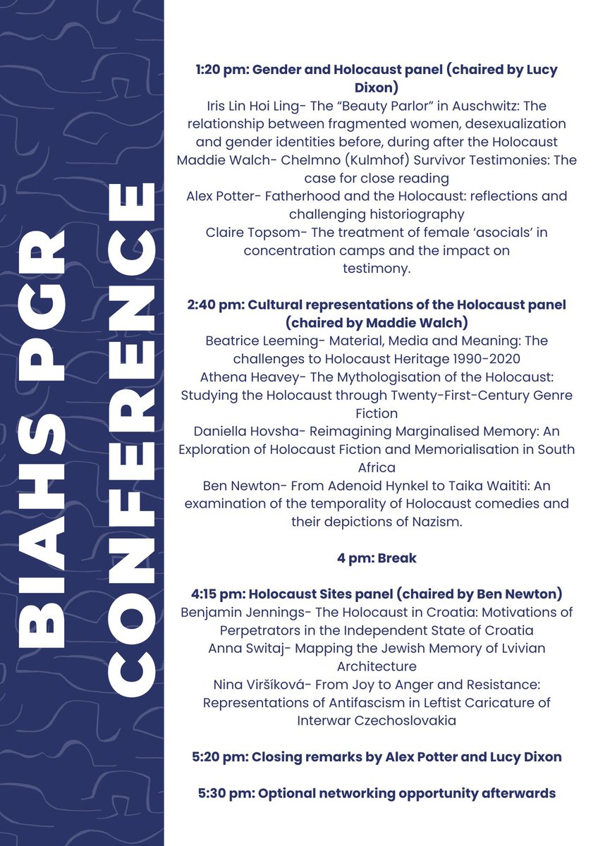 Exciting announcement 📣 Here is the programme for the BIAHS Postgraduate conference on the 29th of May at @_UoW! We look forward to welcoming all our brilliant speakers and will be releasing information on registering for the event soon.