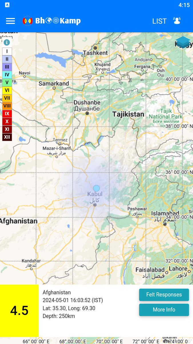 Earthquake of Magnitude:4.5, Occurred on 01-05-2024, 16:03:52 IST, Lat: 35.30 & Long: 69.30, Depth: 250 Km ,Location: Afghanistan for more information Download the BhooKamp App riseq.seismo.gov.in/riseq/Interact… @ndmaindia @Indiametdept @Dr_Mishra1966 @KirenRijiju @Ravi_MoES